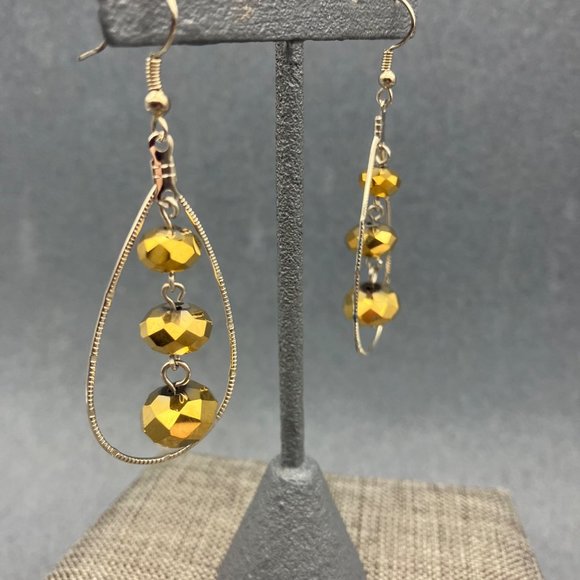 Dangle Pierced Earrings Silver Textured Teardrop Gold Yellow Faceted Triple Bead - Picture 3 of 4